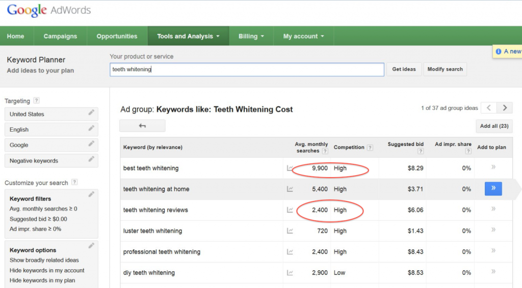 Google Keyword Planner research